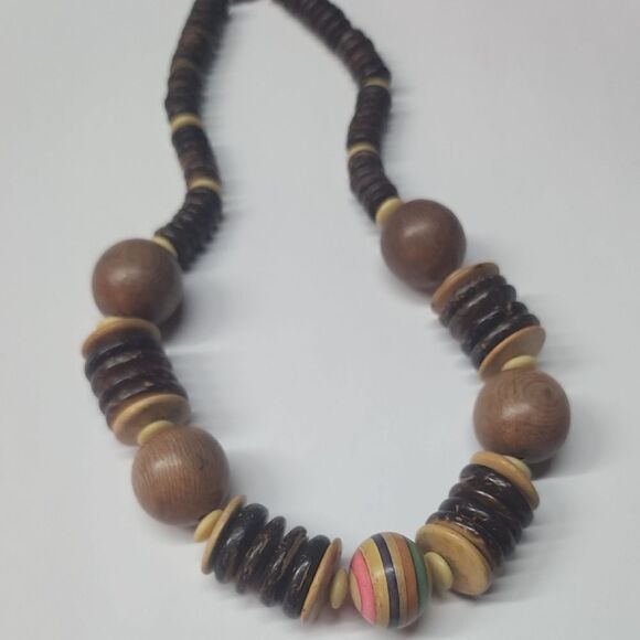 Wooden Beaded Necklace - Brown and Multicolor - Picture 1 of 4